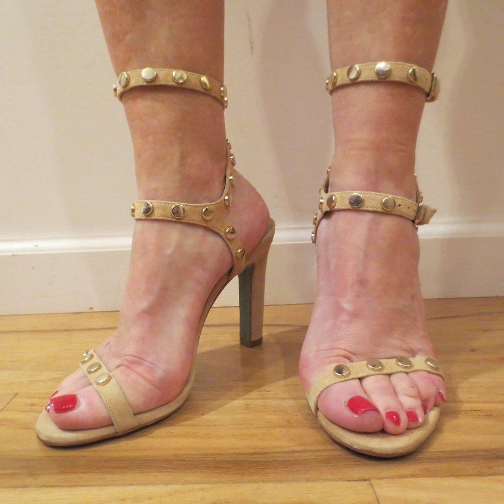HOSS  All Leather Tan Suede Heeled Ankle Strap Sandal